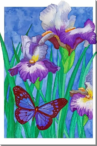 Картина маслом Ирисы и синяя бабочка
