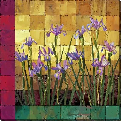 Картина маслом Ирисы на золотистом фоне