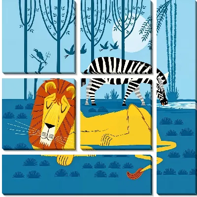 Модульная картина Лев и гуляющая зебра