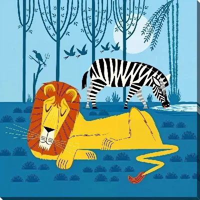 Картина маслом Лев и гуляющая зебра