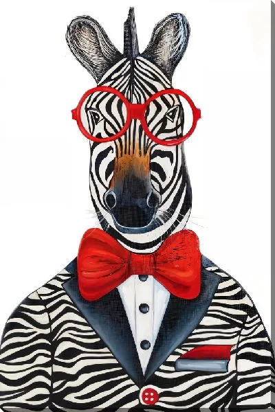 Картина маслом Зебра в красных очках и красной бабочкой