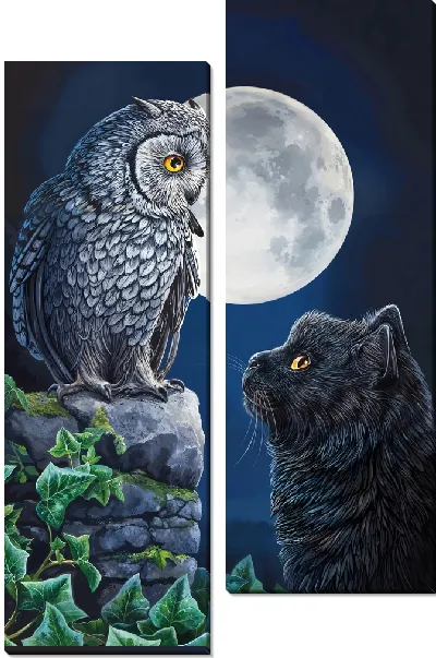 Модульная картина Сова и кот под Луной