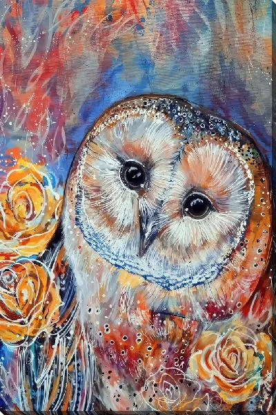 Картина маслом Сова с тремя розами