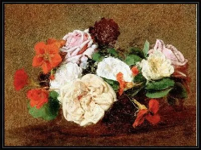 Картина Розы и настурции в вазе (Roses and Nasturtiums in a Vase)