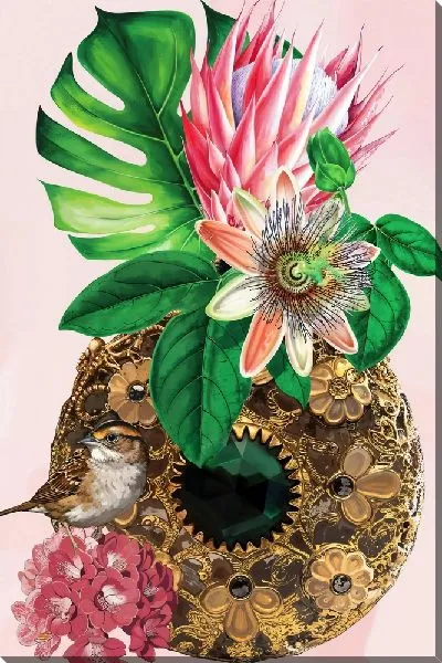 Картина маслом Композиция с монстерой на розовом фоне