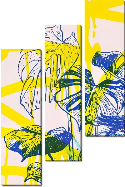Модульная картина Монстера и желтые линии