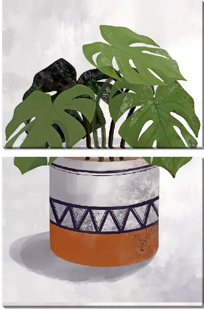 Модульная картина Монстера в кашпо на сером фоне