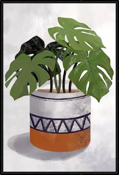 Картина Монстера в кашпо на сером фоне