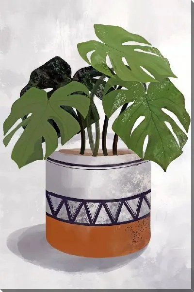 Картина маслом Монстера в кашпо на сером фоне