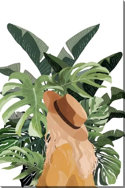 Картина маслом Девушка в шляпе на фоне монстеры