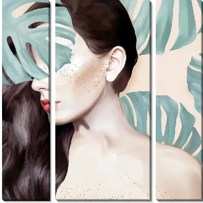 Модульная картина Девушка с листьями монстеры