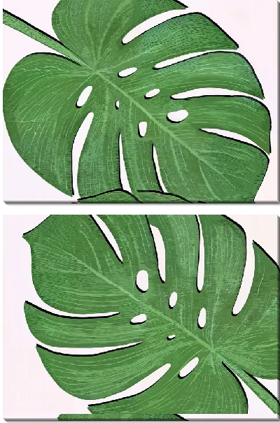 Модульная картина Зеленые листья монстеры на розовом фоне