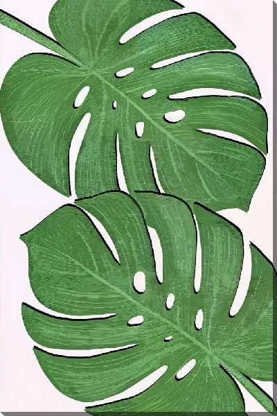 Картина маслом Зеленые листья монстеры на розовом фоне
