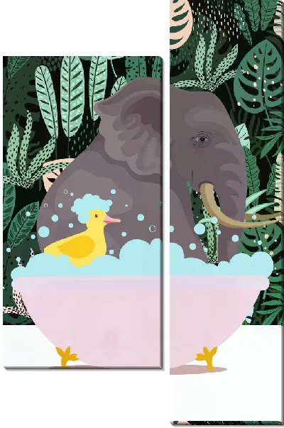 Модульная картина Слон в розовой ванне на фоне монстеры