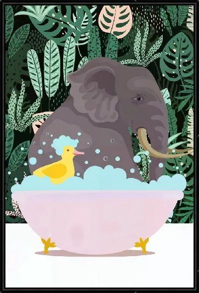 Картина Слон в розовой ванне на фоне монстеры