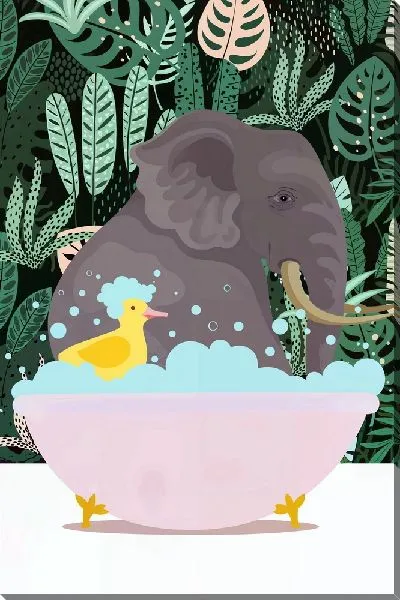 Картина маслом Слон в розовой ванне на фоне монстеры