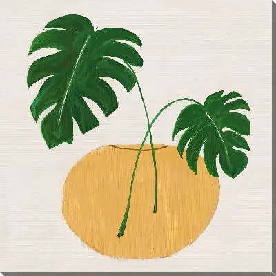 Картина маслом Листья монстеры в круглом кашпо