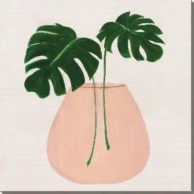 Картина маслом Листья монстеры в розовом кашпо