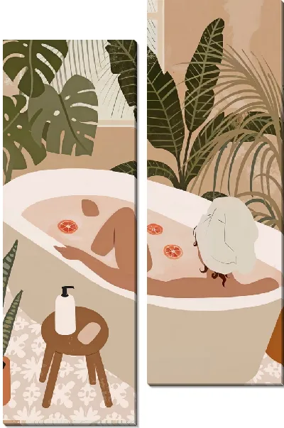 Модульная картина Купание в ванной на фоне монстеры