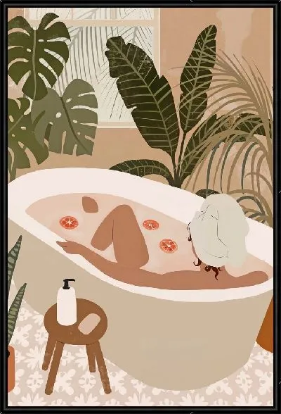 Картина Купание в ванной на фоне монстеры
