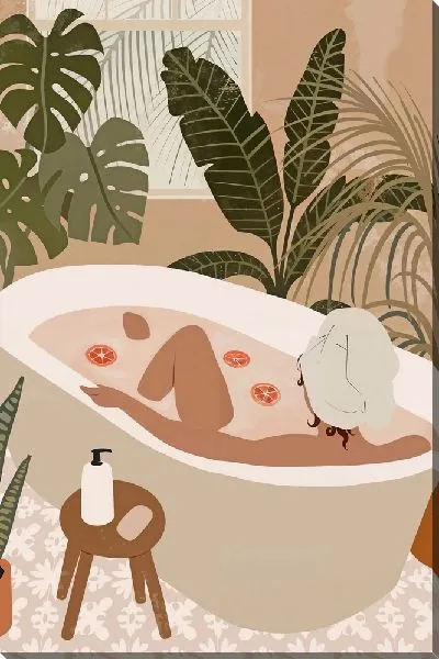Картина маслом Купание в ванной на фоне монстеры