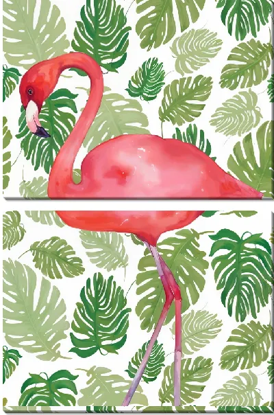Модульная картина Фламинго на фоне монстеры