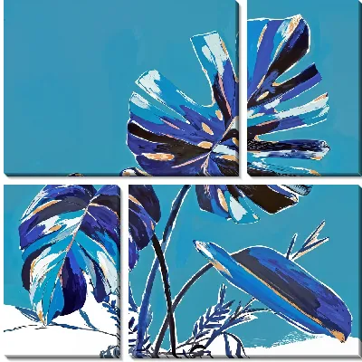 Модульная картина Монстера на голубом фоне