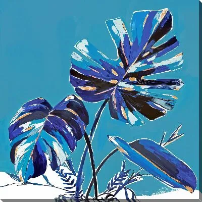 Картина маслом Монстера на голубом фоне