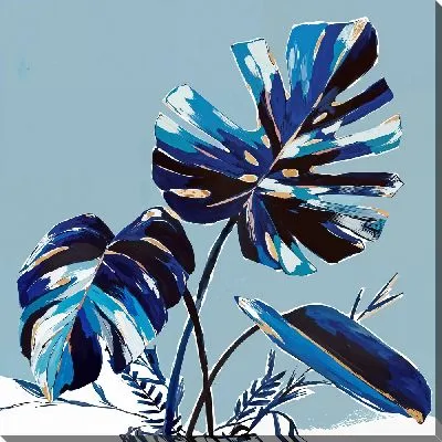 Картина маслом Монстера на голубом фоне №2