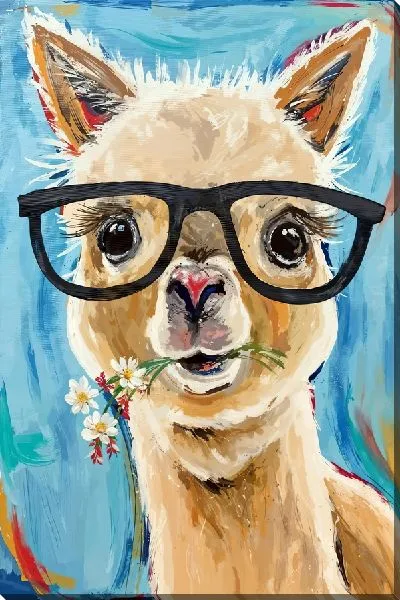 Картина маслом Альпака в очках с цветами