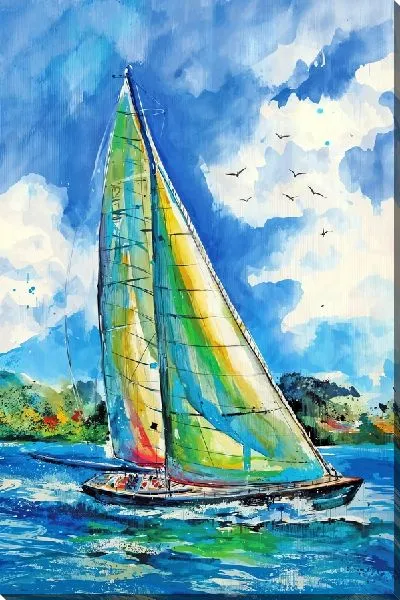 Картина маслом Парусник в море в стиле акварельной живописи