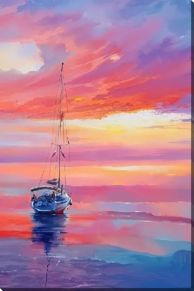 Картина маслом Пейзаж с закатом и парусником