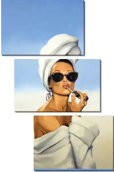 Модульная картина Девушка наносит макияж в солнечных очках