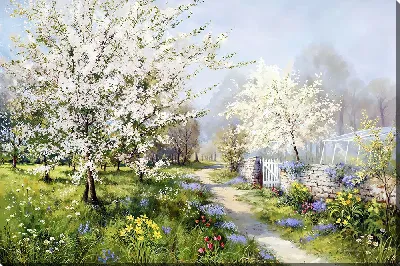 Картина маслом Тропинка у дома в период цветения