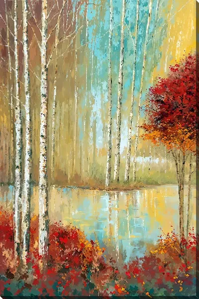 Картина маслом Контрастный осенний лес с водой