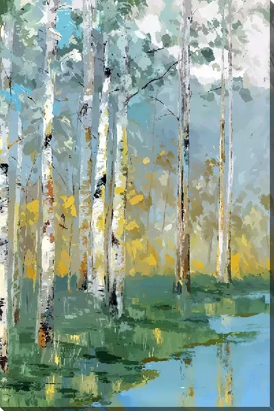 Картина маслом Летний лес с березами и водой