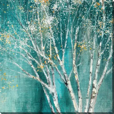 Картина маслом Белые стволы деревьев на лазурном фоне