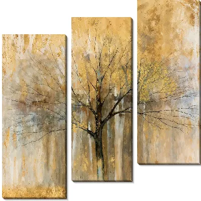 Модульная картина Черное дерево в золотых и винтажных тонах