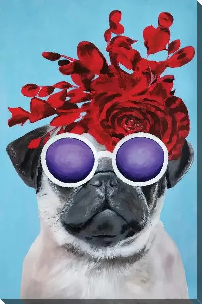 Картина маслом Модный мопс в очках и розой