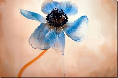 Картина маслом Голубой анемон на бежевом фоне