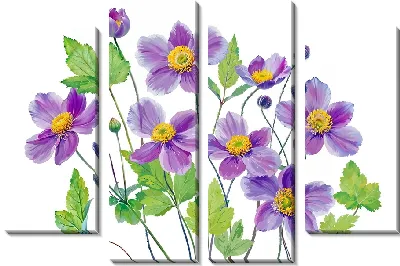 Модульная картина Анемоны на белом фоне с листьями