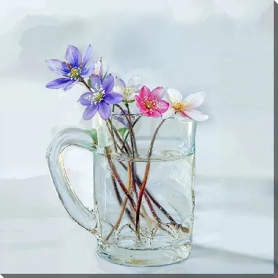 Картина маслом Анемоны в бокале с водой