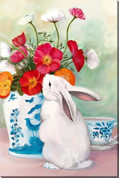 Картина маслом Заяц и букет анемонов