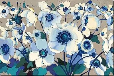 Картина маслом Белые анемоны с синими листьями