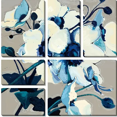 Модульная картина Белые анемоны с синими листьями №2