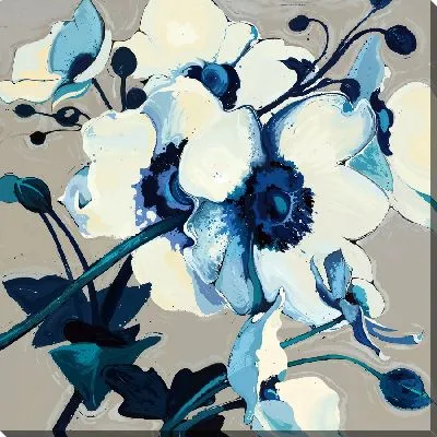 Картина маслом Белые анемоны с синими листьями №2