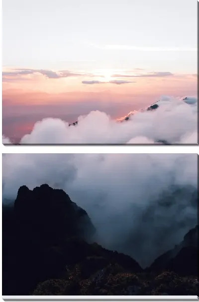 Модульная картина Туман в горах в лучах заката