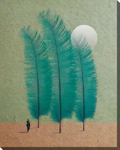 Картина маслом Человек и три перышка в виде деревьев