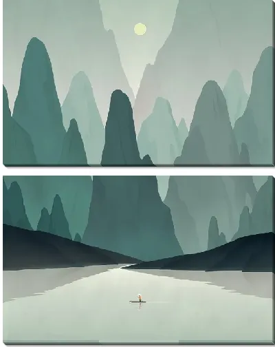 Модульная картина Гребля на каноэ на фоне высоких гор