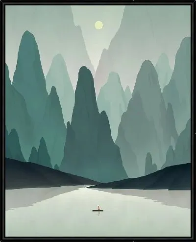 Картина Гребля на каноэ на фоне высоких гор